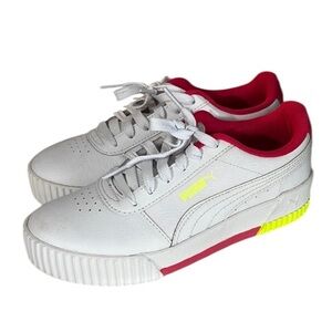 Puma Girl’s Carina Sneakers Athletic Shoes Neon Accents White Size 4
